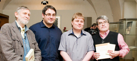 Natáčení pro ČT - zleva Jan Schmid, Jakub Raš, Vlastimil Simota, Jan Lukeš